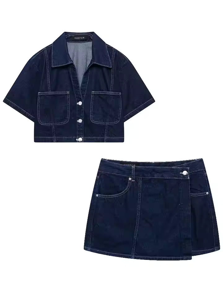 TRAF 2025 Summer Women's Casual Sets Fashion Mini Skirts Shorts Sets Denim Short Shirt Top Sets For Women Street Women Outfit