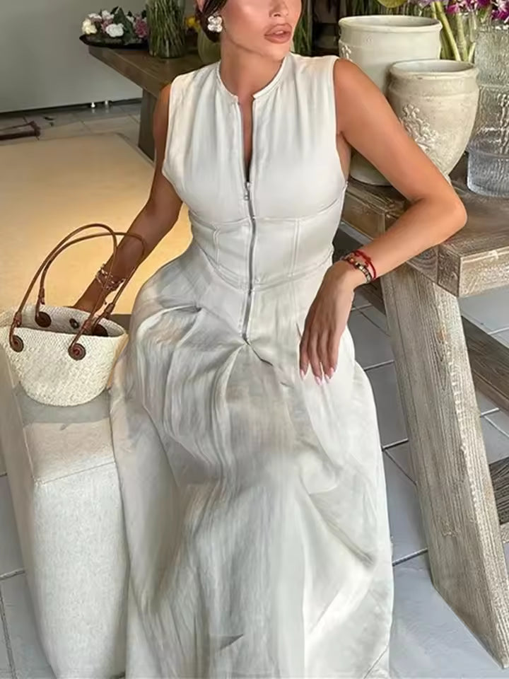 Zipper Long Dress Woman Pleated Sleeveless Bodycon Dress Summer Elegant Party Dresses For Women 2025 New Midi Dresses