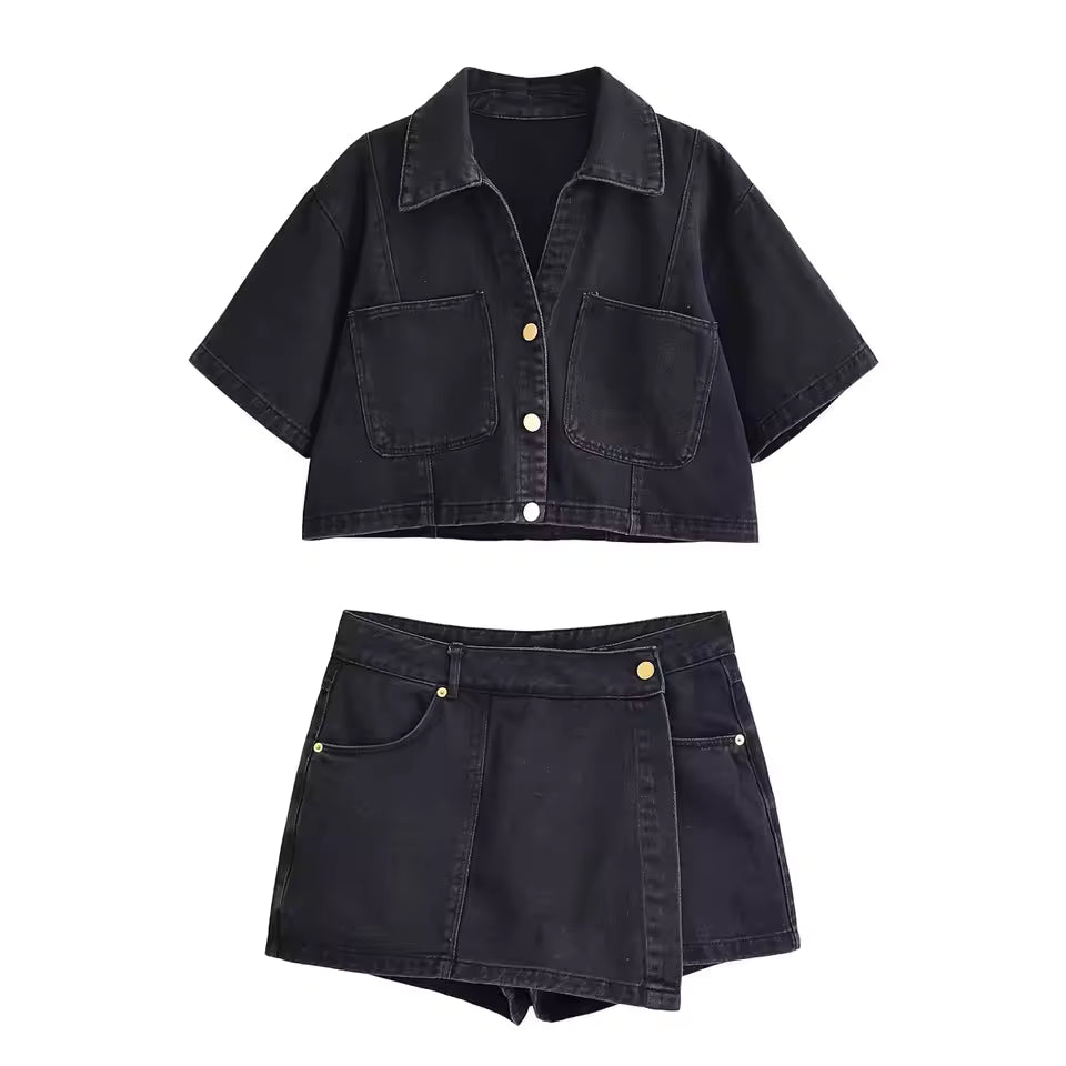 TRAF 2025 Summer Women's Casual Sets Fashion Mini Skirts Shorts Sets Denim Short Shirt Top Sets For Women Street Women Outfit