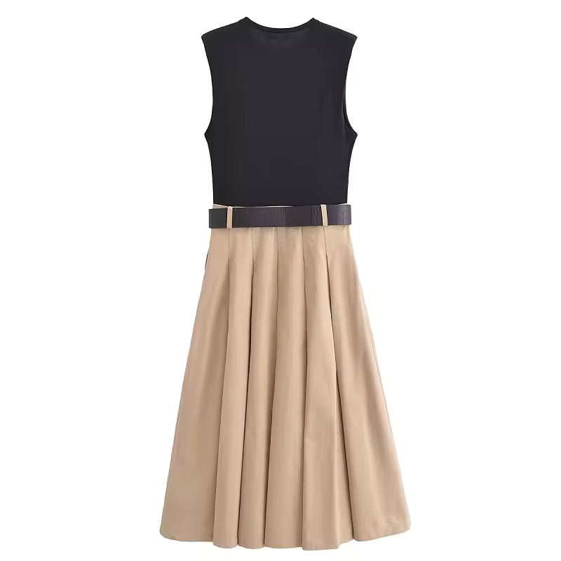 MUJER 2025 Woman Dresses Belt Pleated Midi Dress Women Sleeveless Summer Dress Woman Knitted Party Dresses for Women Sundress