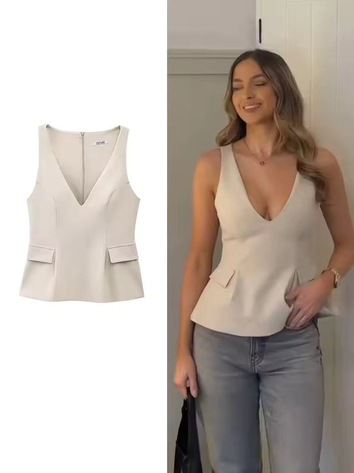 Women Solid Skirt Hem Tops Spring Summer Fashion Chic Sleeveless V-neck Flip Pockets Shirts Sweet Lady Causal Tops