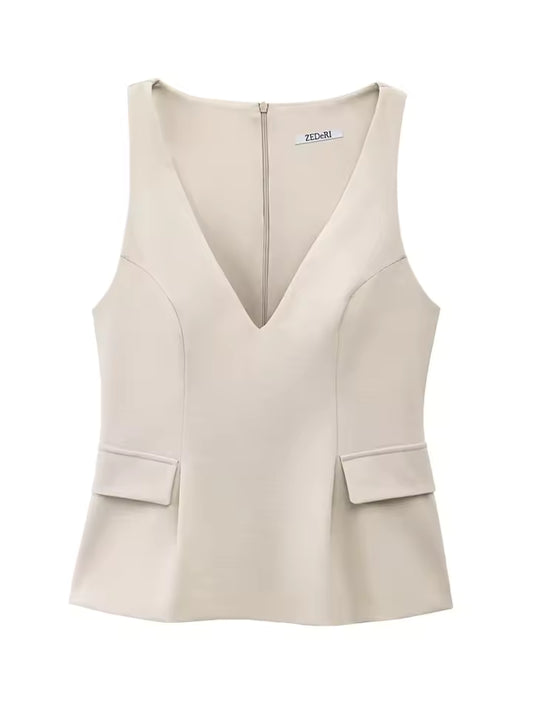 Women Solid Skirt Hem Tops Spring Summer Fashion Chic Sleeveless V-neck Flip Pockets Shirts Sweet Lady Causal Tops