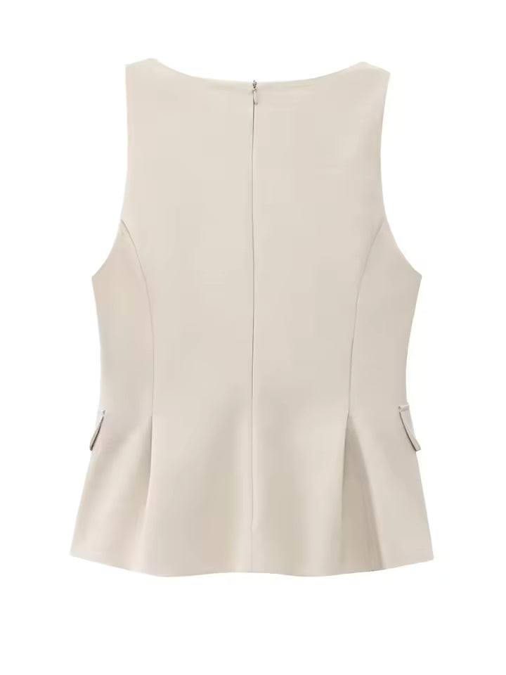 Women Solid Skirt Hem Tops Spring Summer Fashion Chic Sleeveless V-neck Flip Pockets Shirts Sweet Lady Causal Tops
