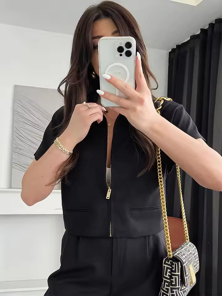 Cropped Women's Jackets With Zipper Outerwears Top Summer Crop Cardigan Short -Sleeved Female Jacket Black Short Coats