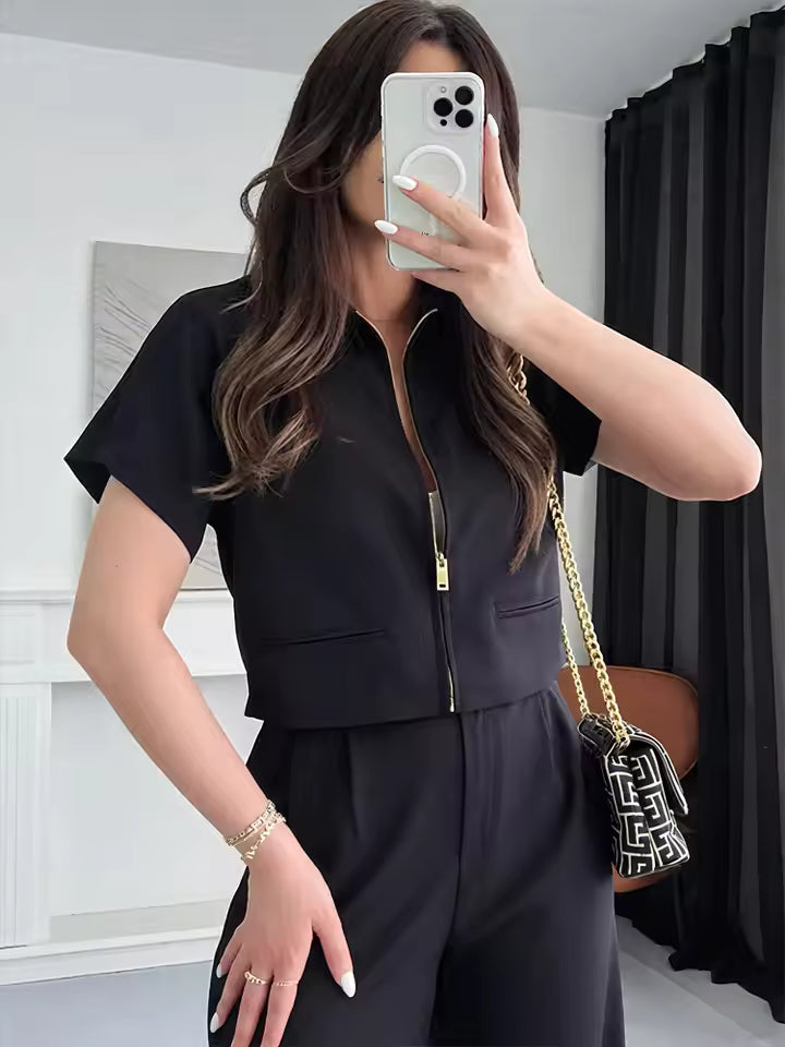Cropped Women's Jackets With Zipper Outerwears Top Summer Crop Cardigan Short -Sleeved Female Jacket Black Short Coats