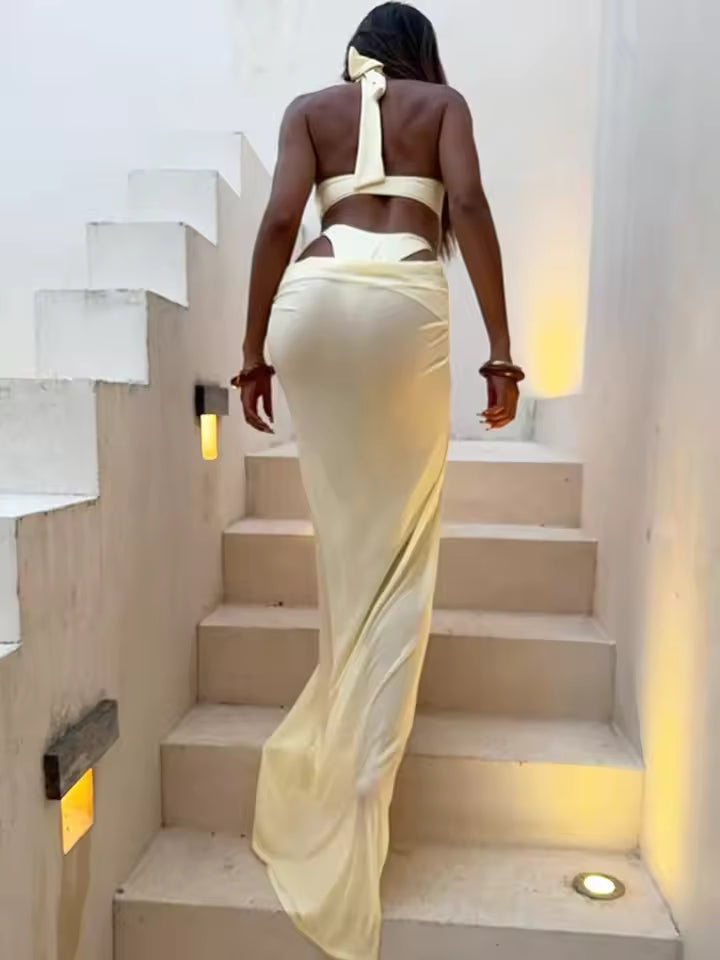 Women's Fashion Summer Dress Two Piece Set, Deep V Neck Jumpsuit and Maxi Dress