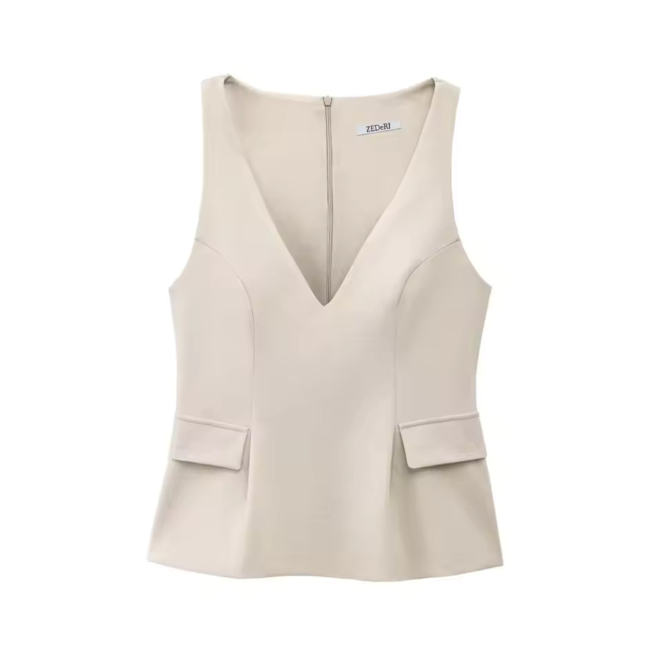 Women Solid Skirt Hem Tops Spring Summer Fashion Chic Sleeveless V-neck Flip Pockets Shirts Sweet Lady Causal Tops