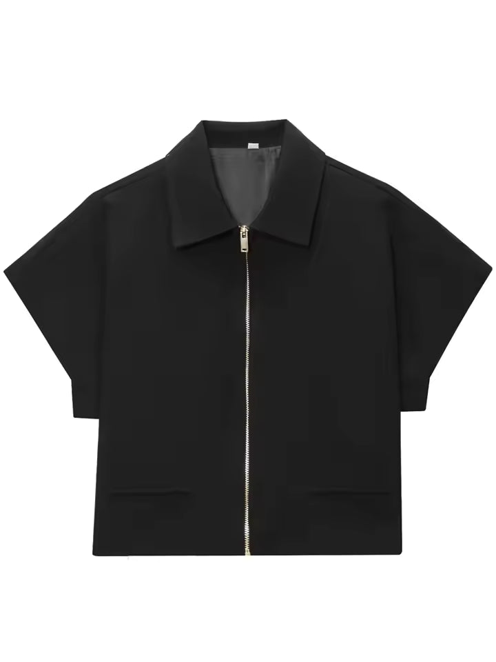 Cropped Women's Jackets With Zipper Outerwears Top Summer Crop Cardigan Short -Sleeved Female Jacket Black Short Coats