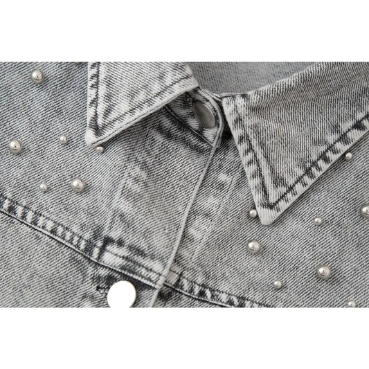 Chic Able Faux Pearl Embellished Women's Short Denim Jacket 2-piece Set Retro Women's Elegant Zipper A-Line Mini Skirt
