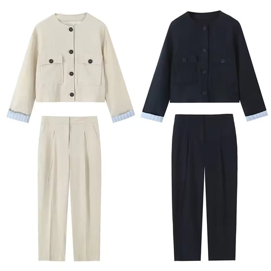 2025 Summer New Product Fashion Blended Button Down Short Coat Round Neck Top+Zipper Pants Set Outerwear Mujer