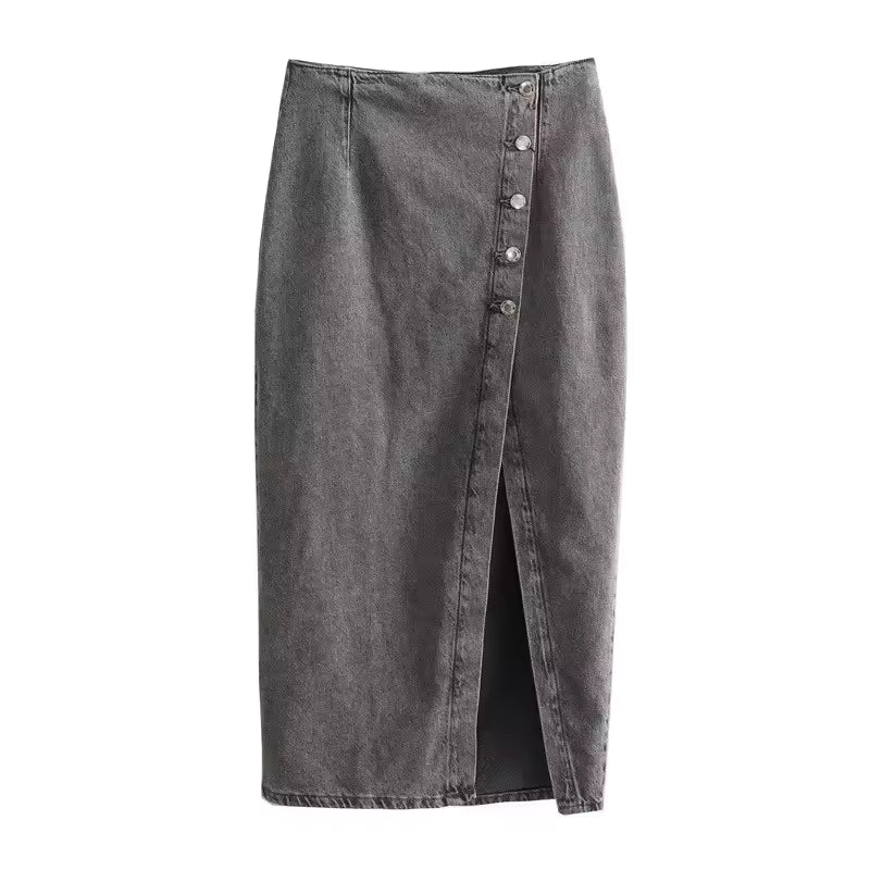 2025 Summer Women's Denim Half Skirt Casual Button Patchwork Short Denim Vest High Waist Split Straight Long Dresses