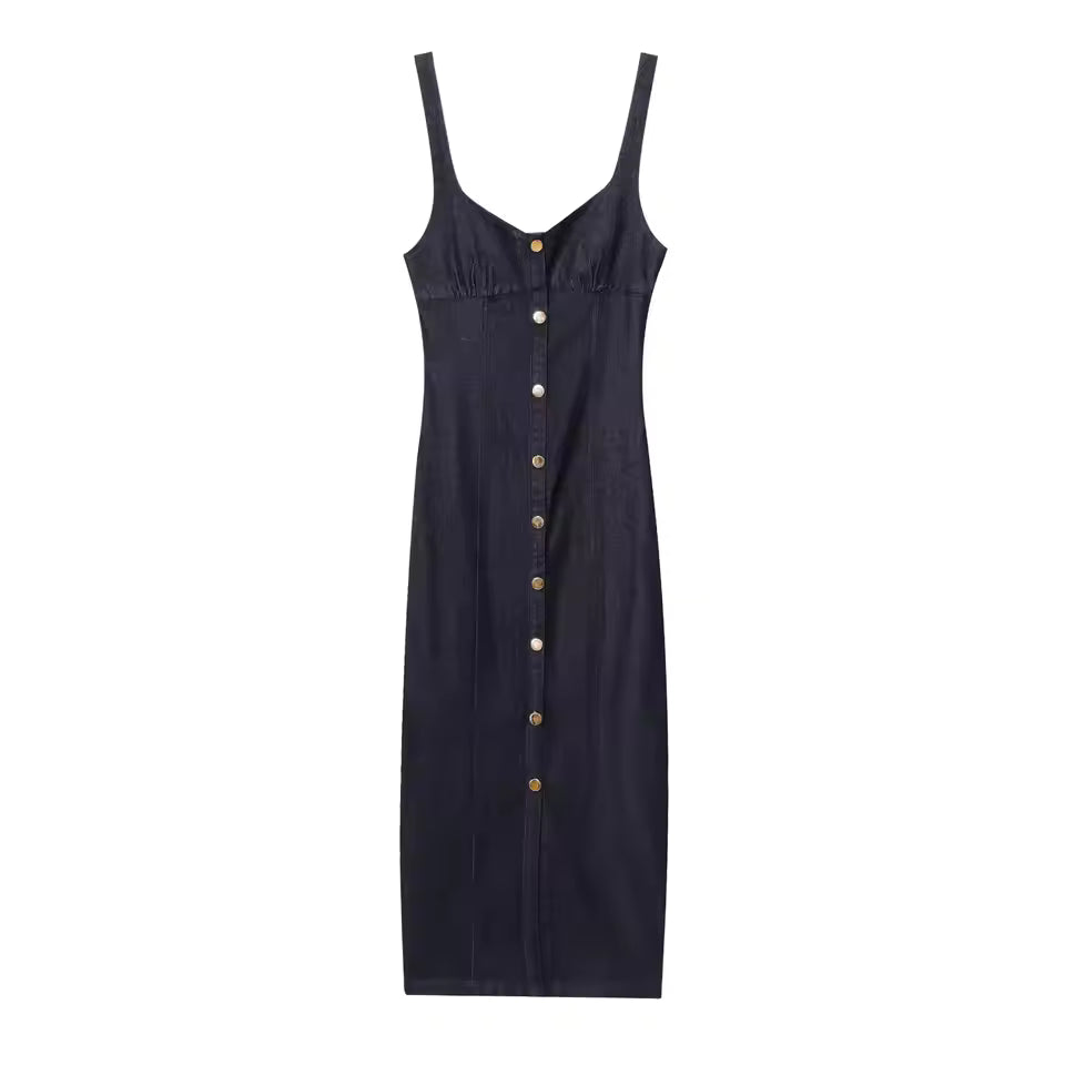 Women's Casual Summer Midi Dress New Fashion Sleeveless Single Breasted Tight Cowboy Denim Dress 0234006