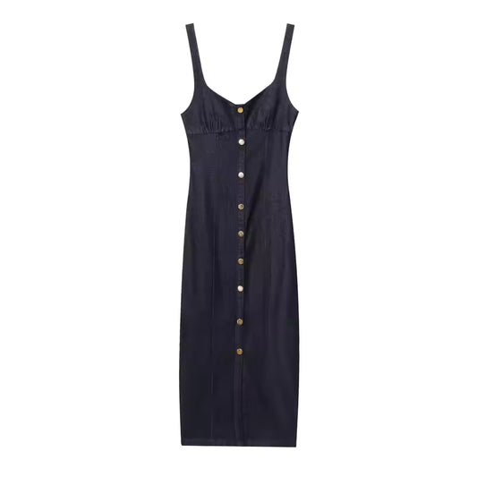 Women's Casual Summer Midi Dress New Fashion Sleeveless Single Breasted Tight Cowboy Denim Dress 0234006