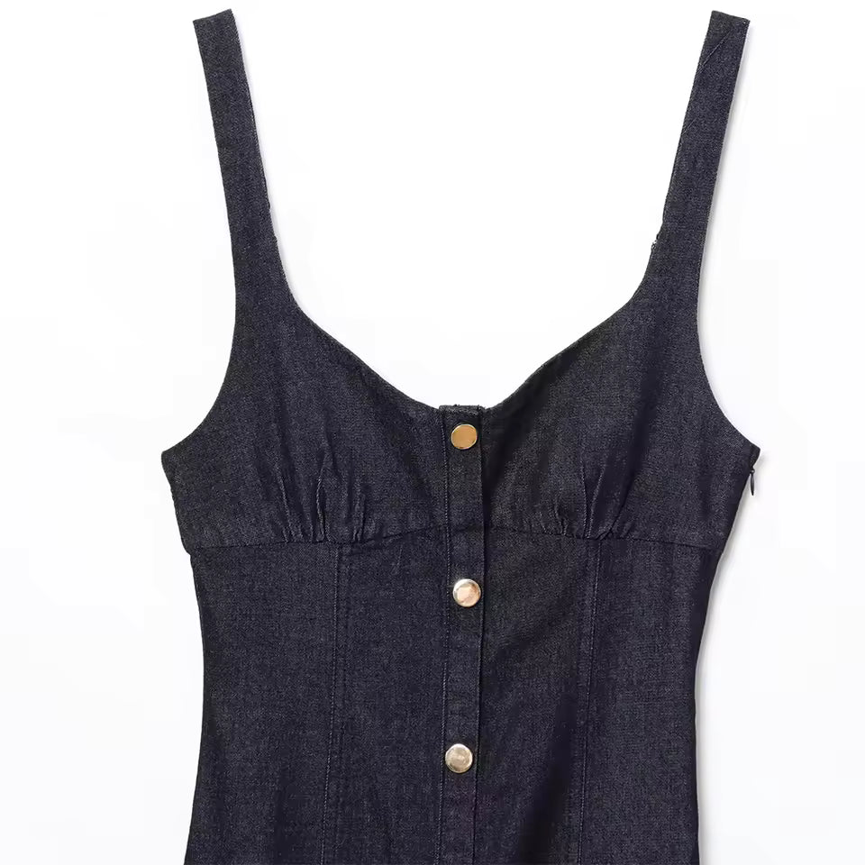 Women's Casual Summer Midi Dress New Fashion Sleeveless Single Breasted Tight Cowboy Denim Dress 0234006