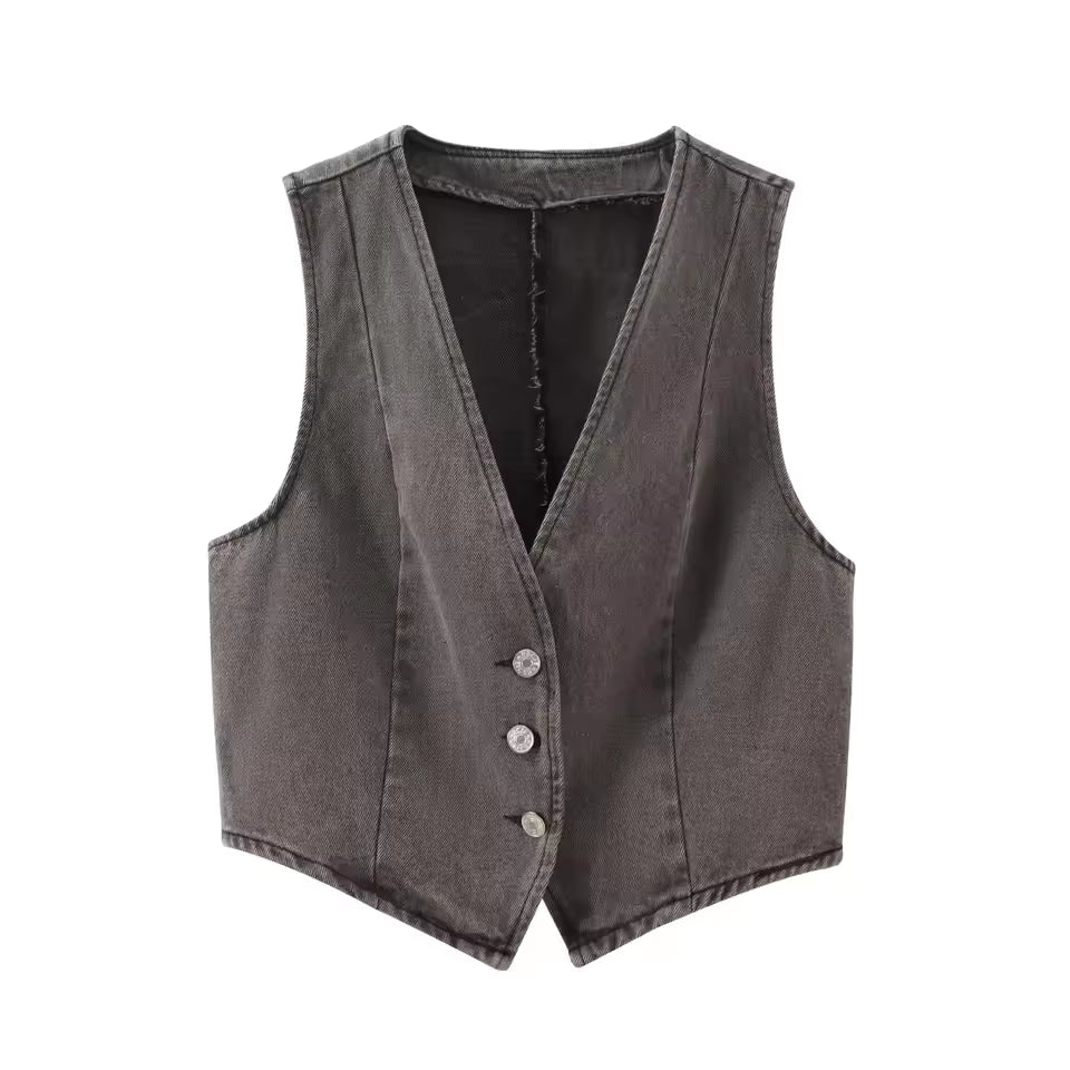 2025 Summer Women's Denim Half Skirt Casual Button Patchwork Short Denim Vest High Waist Split Straight Long Dresses