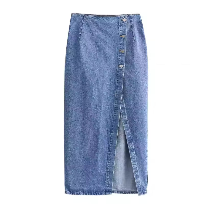 2025 Summer Women's Denim Half Skirt Casual Button Patchwork Short Denim Vest High Waist Split Straight Long Dresses
