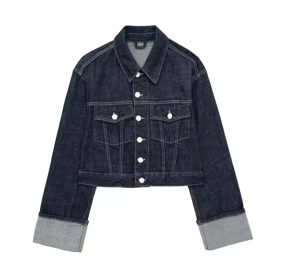 Women Fashion Denim Set Casual Lapel Long Sleeve Crop Jacket Buttons Female Vintage Wide Leg Loose Jeans Long Pants