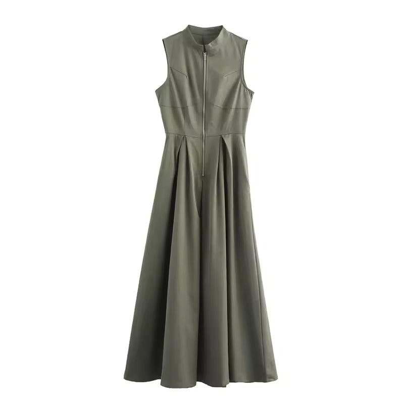 Zipper Long Dress Woman Pleated Sleeveless Bodycon Dress Summer Elegant Party Dresses For Women 2025 New Midi Dresses