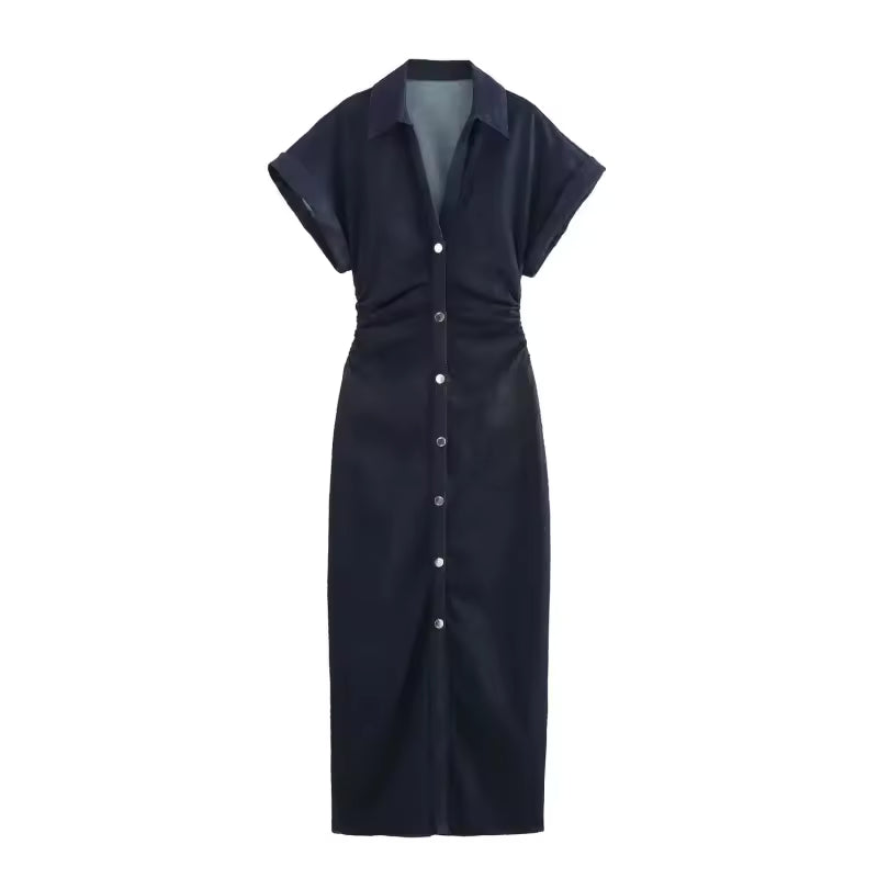 2025 traf Spring New 1975 series denim MIDI dress with lapel side zipper fashion wrinkle waist slim elegant dress