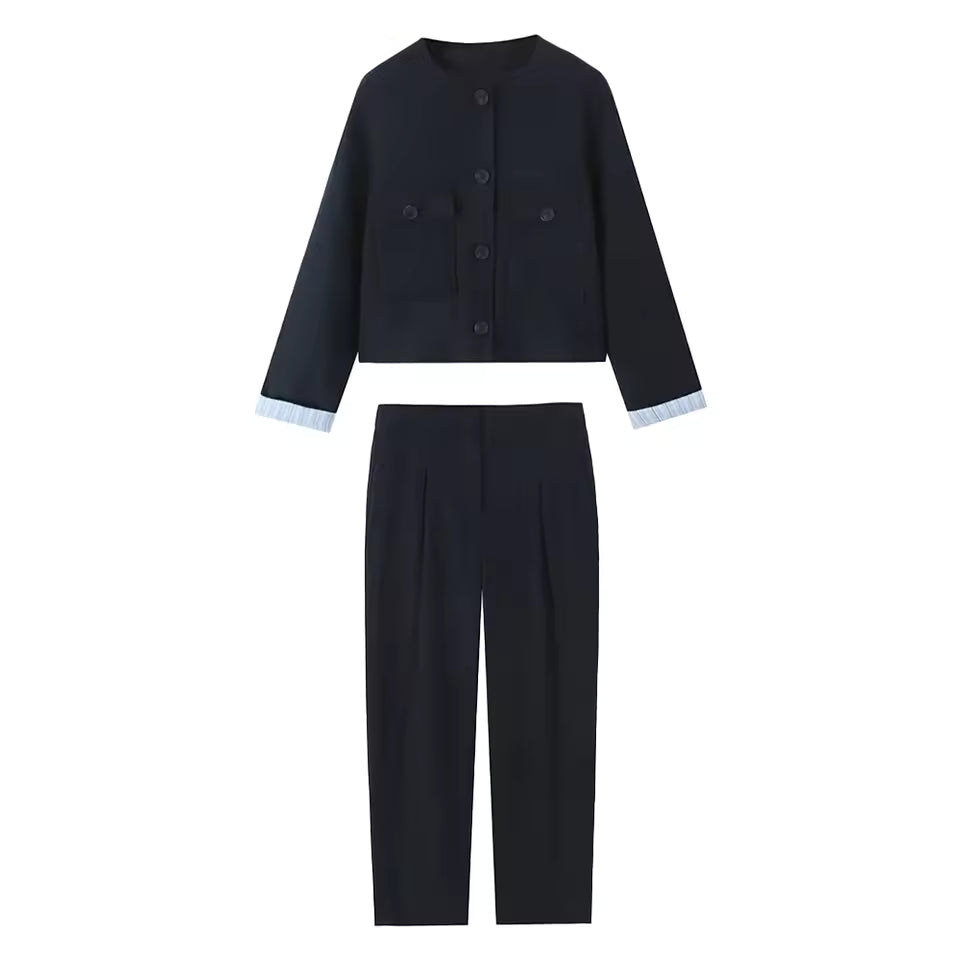 2025 Summer New Product Fashion Blended Button Down Short Coat Round Neck Top+Zipper Pants Set Outerwear Mujer