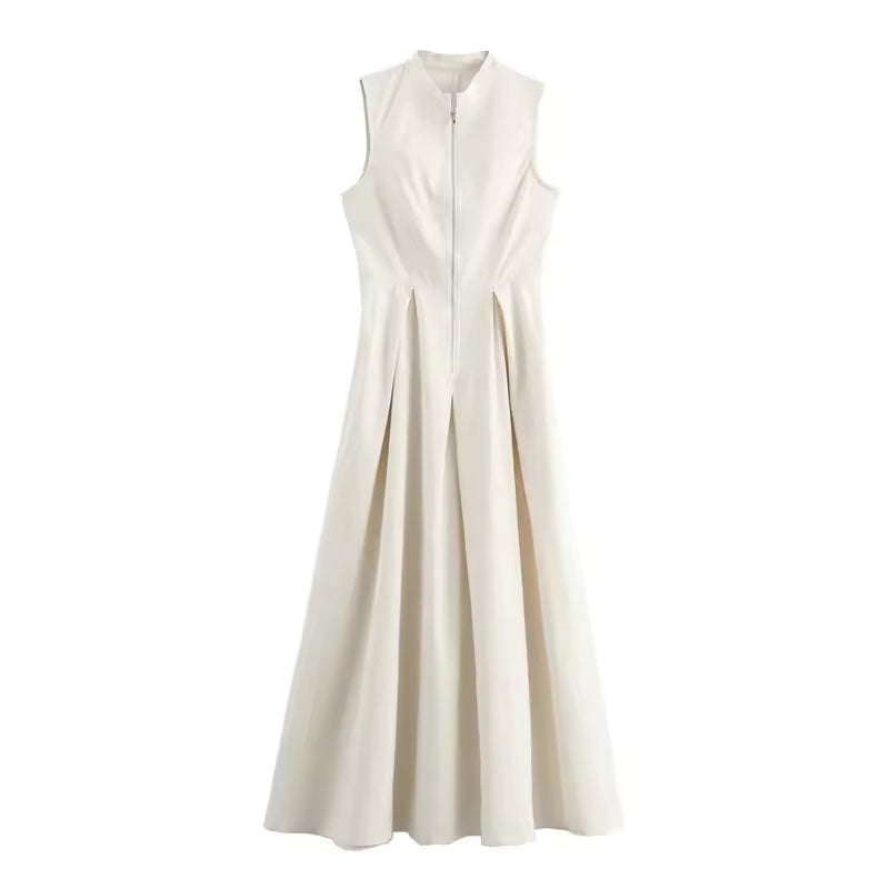 Zipper Long Dress Woman Pleated Sleeveless Bodycon Dress Summer Elegant Party Dresses For Women 2025 New Midi Dresses