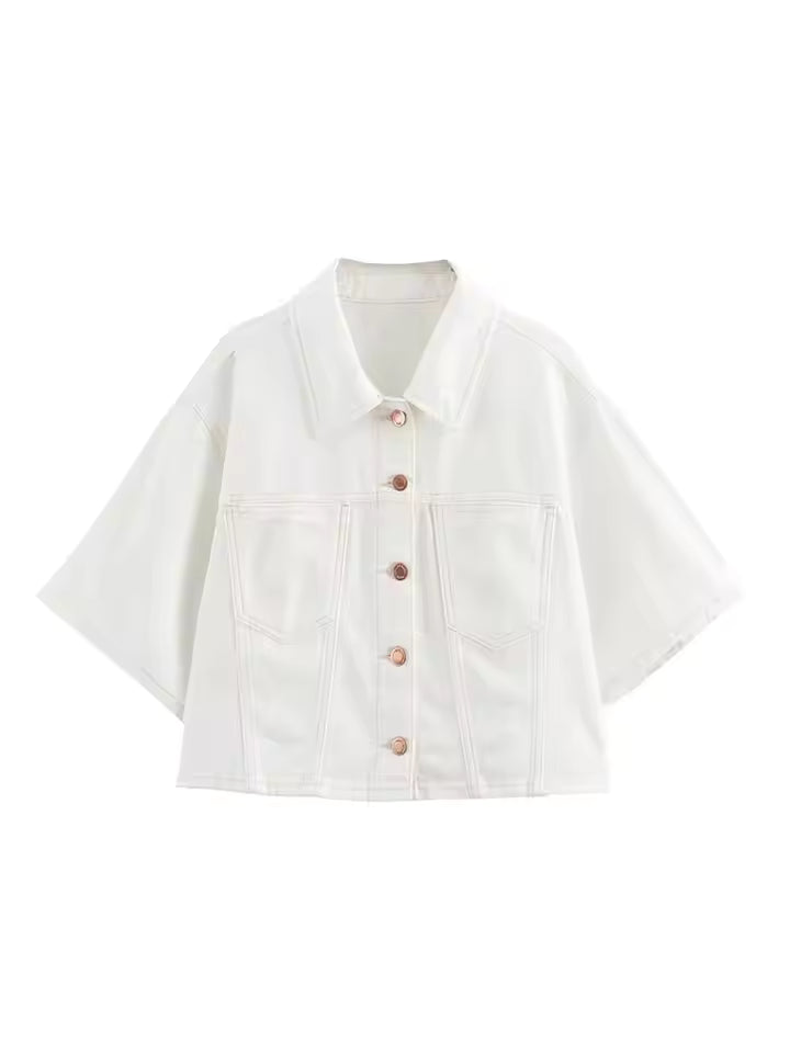 2024 Women Fashion Suits Turn-Down Collar Short Sleeves Single Breasted Denim Tops+High Waist Zipper Slim Shorts Y2K