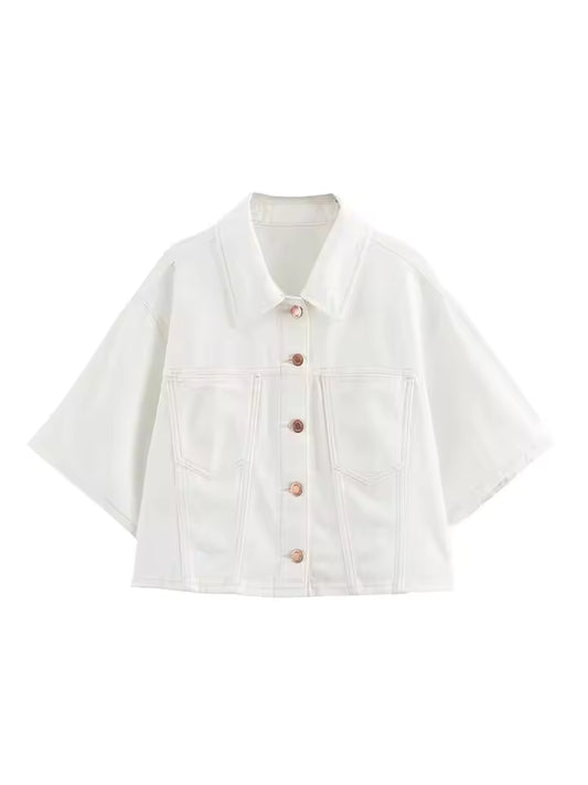 2024 Women Fashion Suits Turn-Down Collar Short Sleeves Single Breasted Denim Tops+High Waist Zipper Slim Shorts Y2K