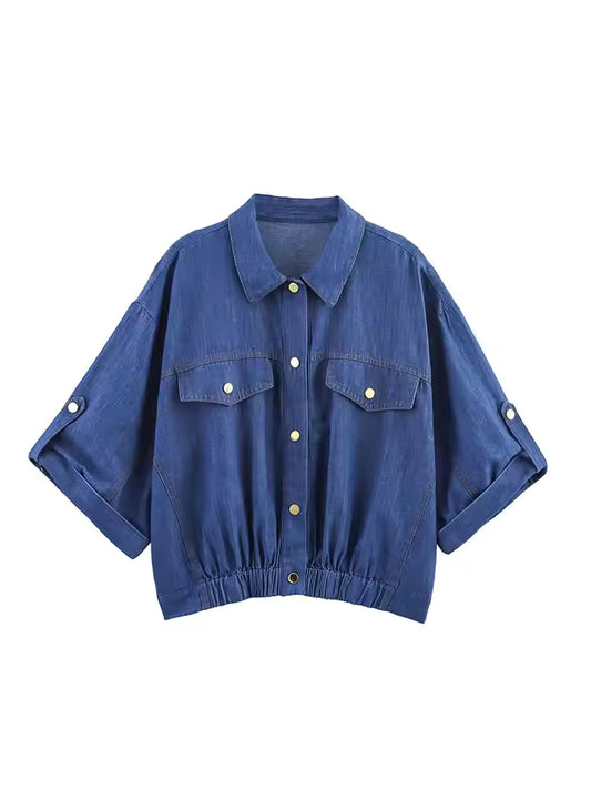 2025 Summer Casual Women Suit Denim Single Breasted Short Sleeve Shirt Elastic Waist Pants Fashion 2-piece Sets