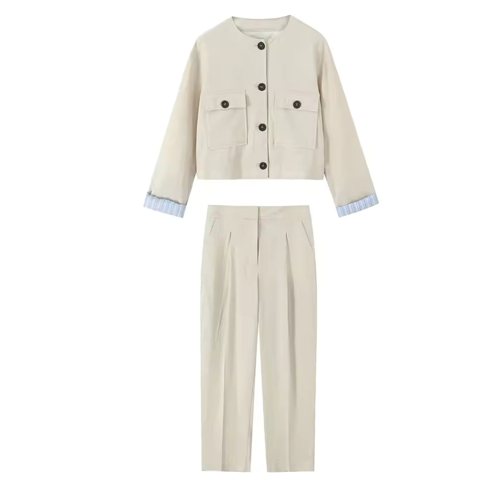 2025 Summer New Product Fashion Blended Button Down Short Coat Round Neck Top+Zipper Pants Set Outerwear Mujer