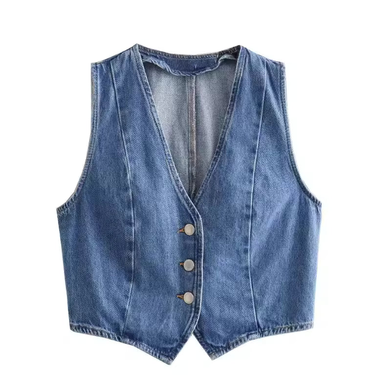 2025 Summer Women's Denim Half Skirt Casual Button Patchwork Short Denim Vest High Waist Split Straight Long Dresses