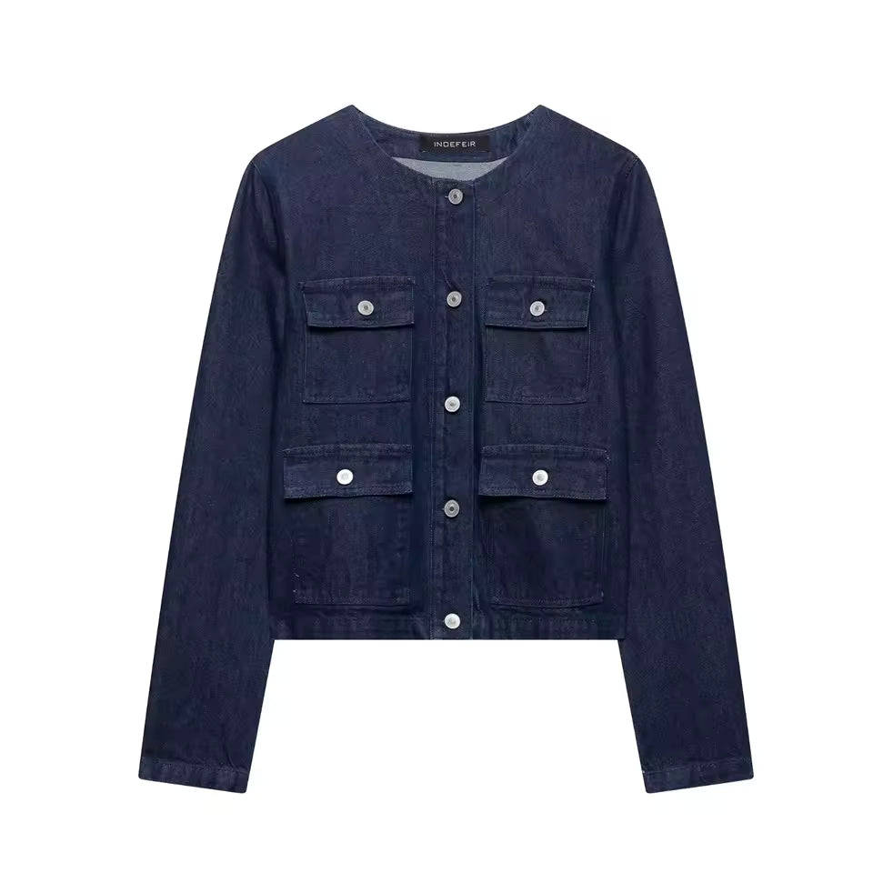 2025 Spring New Product Women's Pocket Decoration Round Neck Long Sleeve Cowboy Coat Mid Waist Minimally Short Shorts