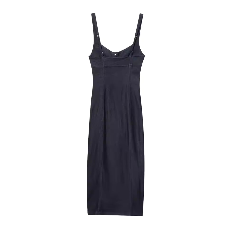 Women's Casual Summer Midi Dress New Fashion Sleeveless Single Breasted Tight Cowboy Denim Dress 0234006