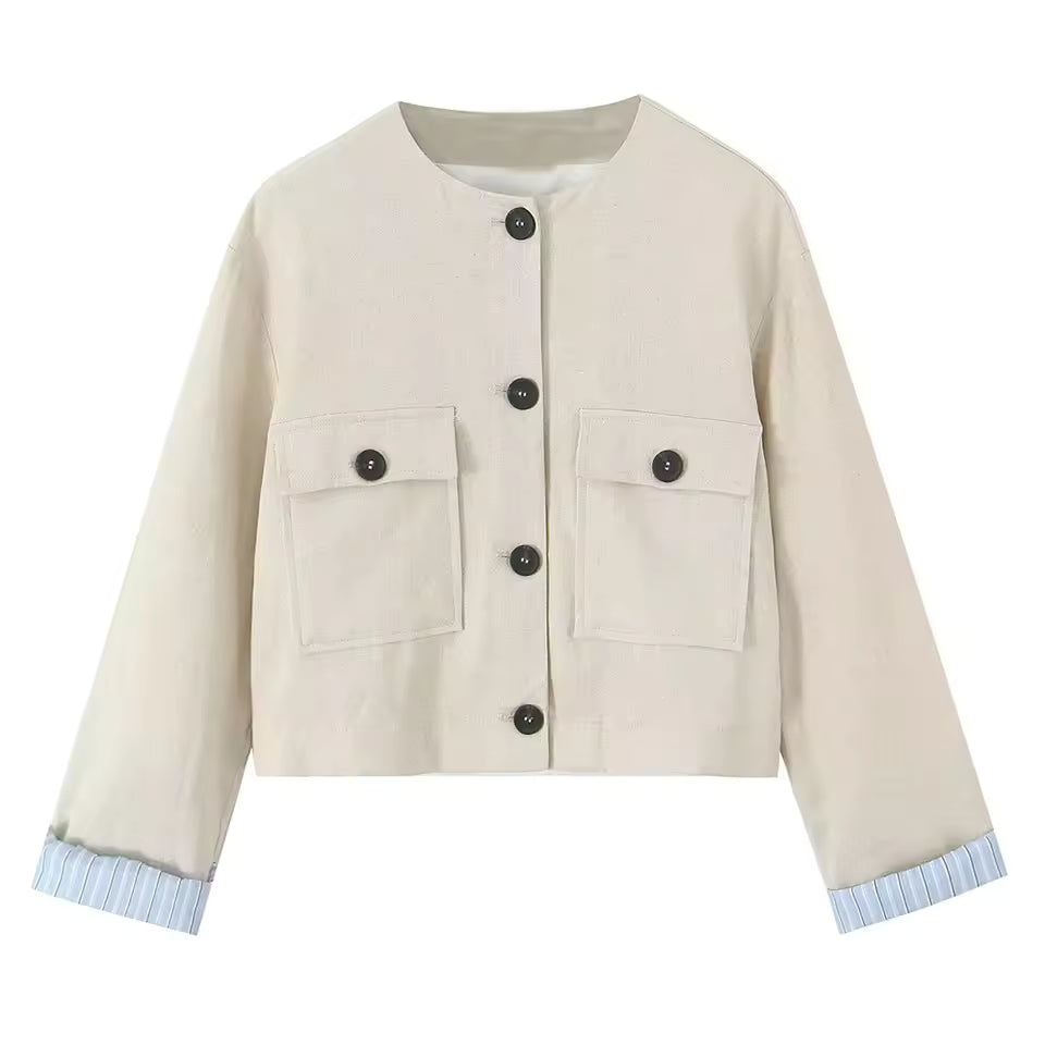 2025 Summer New Product Fashion Blended Button Down Short Coat Round Neck Top+Zipper Pants Set Outerwear Mujer