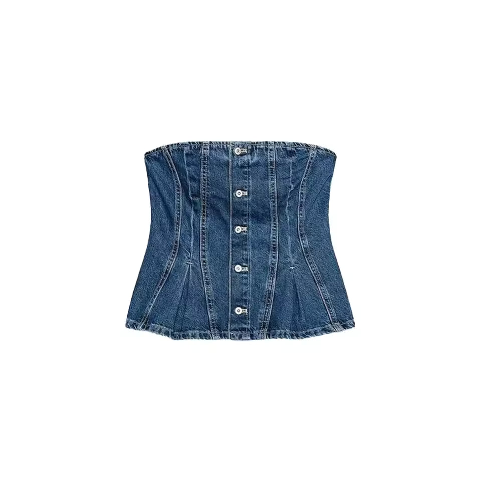 2025 Spring New Fashion Chest Wrapped Top Mid-Waist Denim Shorts Vintage Backless Casual Chic Female set 2 pieces