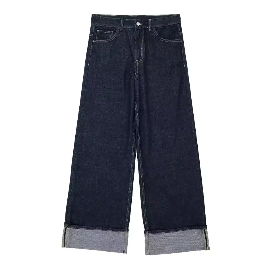 Women Fashion Denim Set Casual Lapel Long Sleeve Crop Jacket Buttons Female Vintage Wide Leg Loose Jeans Long Pants