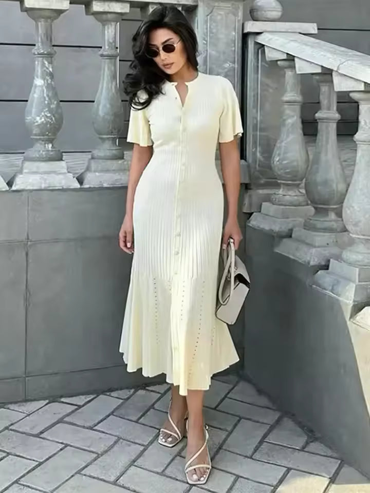 Elegant Knitted Dress Women Solid Single Breasted O Neck Short Sleeve High Waist Hip Package Dresses 2025 Autumn Chic Robes Lady