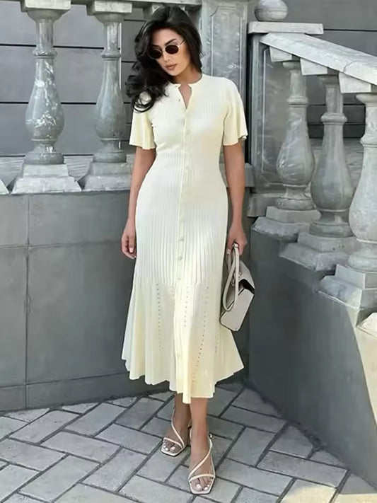 Elegant Knitted Dress Women Solid Single Breasted O Neck Short Sleeve High Waist Hip Package Dresses 2025 Autumn Chic Robes Lady