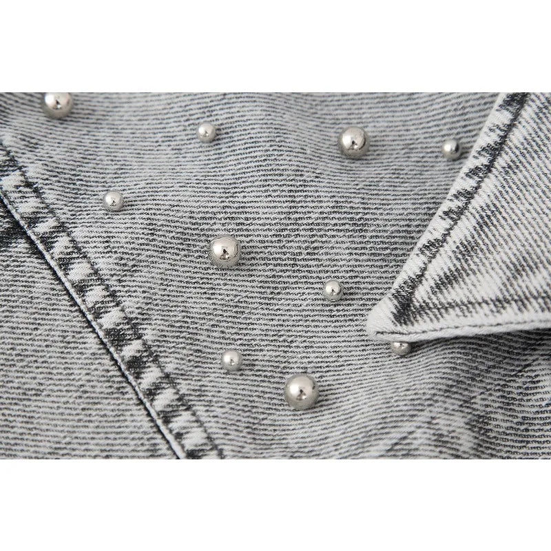 Chic Able Faux Pearl Embellished Women's Short Denim Jacket 2-piece Set Retro Women's Elegant Zipper A-Line Mini Skirt