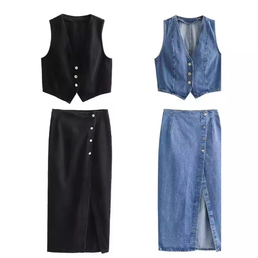 2025 Summer Women's Denim Half Skirt Casual Button Patchwork Short Denim Vest High Waist Split Straight Long Dresses