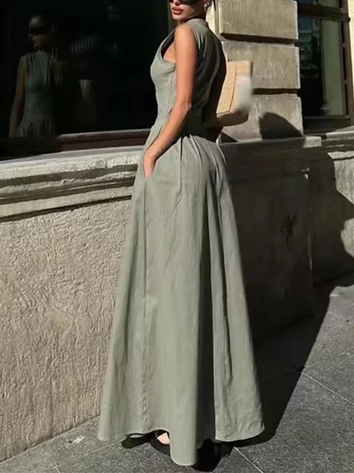 Zipper Long Dress Woman Pleated Sleeveless Bodycon Dress Summer Elegant Party Dresses For Women 2025 New Midi Dresses