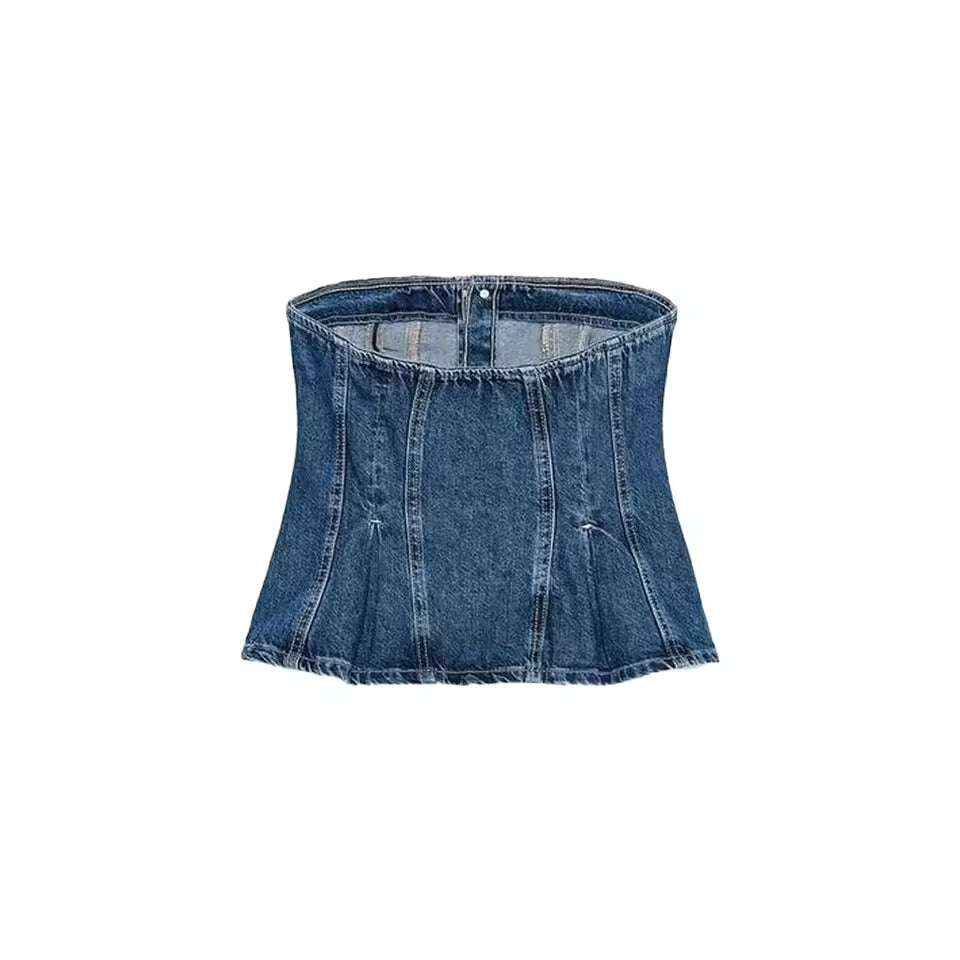 2025 Spring New Fashion Chest Wrapped Top Mid-Waist Denim Shorts Vintage Backless Casual Chic Female set 2 pieces