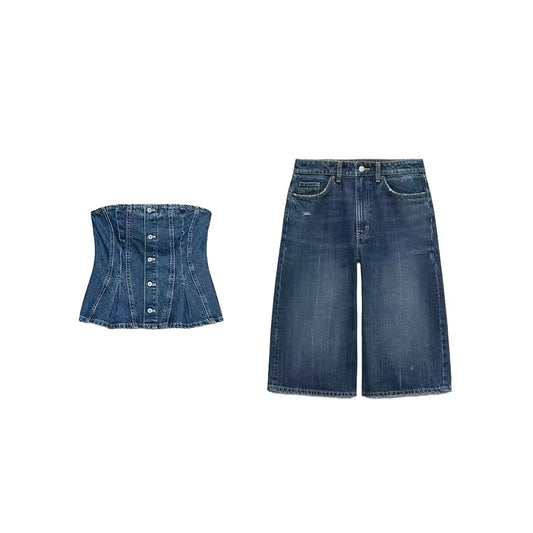 2025 Spring New Fashion Chest Wrapped Top Mid-Waist Denim Shorts Vintage Backless Casual Chic Female set 2 pieces