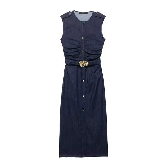 Belt Fold Denim Dresses 2025 Women's Summer Sleeveless Midi Dress Party Dresses Fashion Streetwear Dress ﻿ ﻿