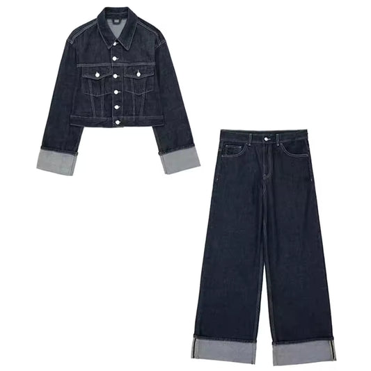 Women Fashion Denim Set Casual Lapel Long Sleeve Crop Jacket Buttons Female Vintage Wide Leg Loose Jeans Long Pants