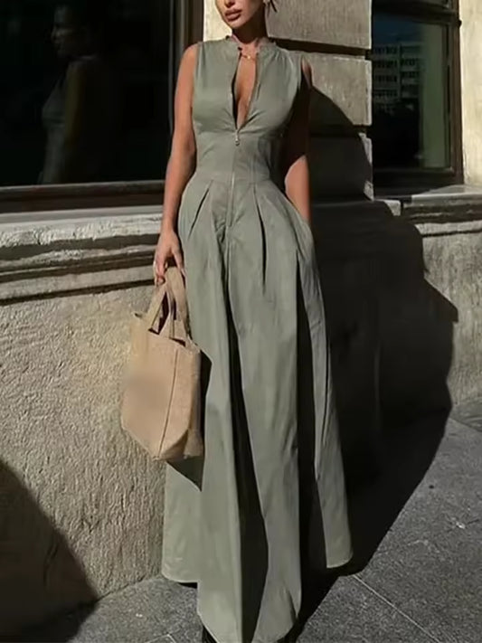 Zipper Long Dress Woman Pleated Sleeveless Bodycon Dress Summer Elegant Party Dresses For Women 2025 New Midi Dresses