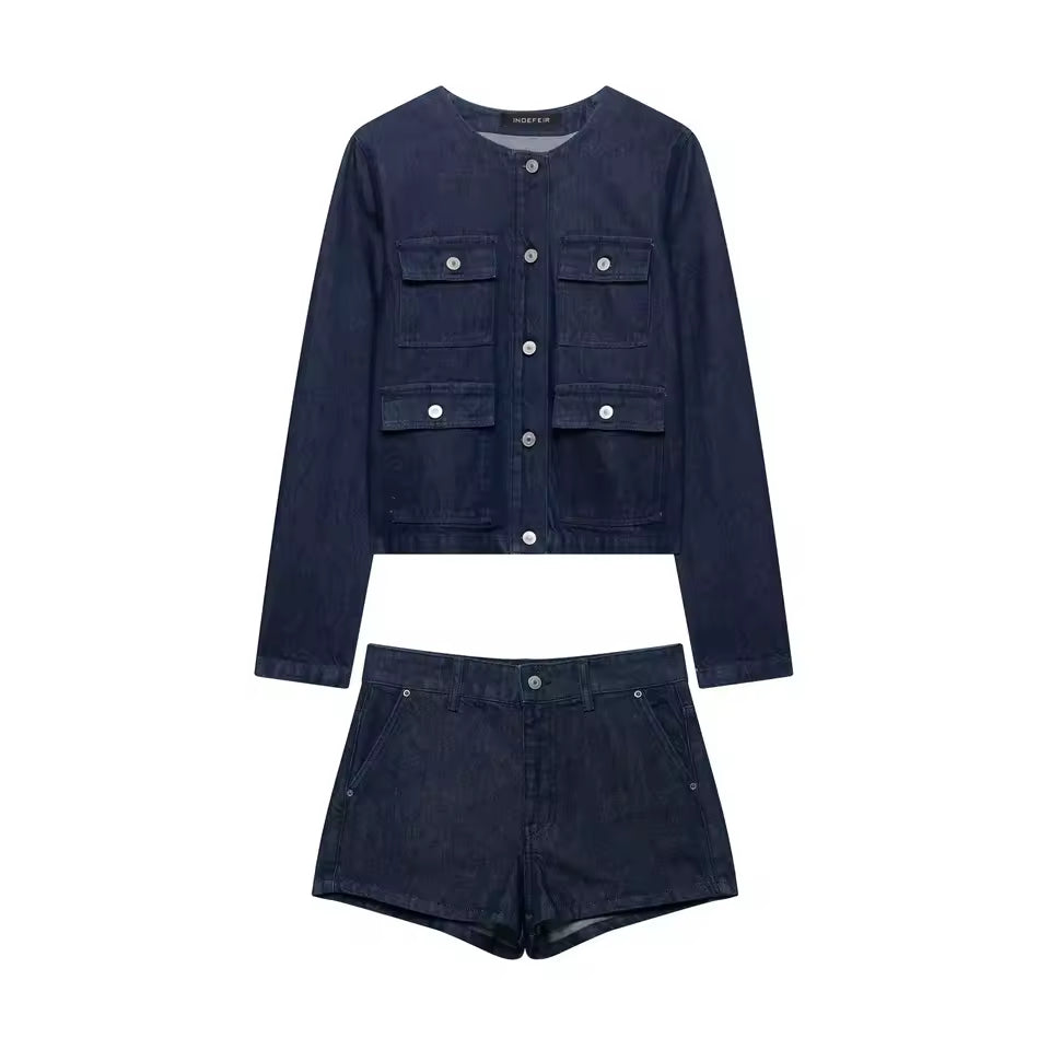 2025 Spring New Product Women's Pocket Decoration Round Neck Long Sleeve Cowboy Coat Mid Waist Minimally Short Shorts