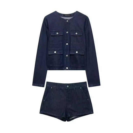 2025 Spring New Product Women's Pocket Decoration Round Neck Long Sleeve Cowboy Coat Mid Waist Minimally Short Shorts