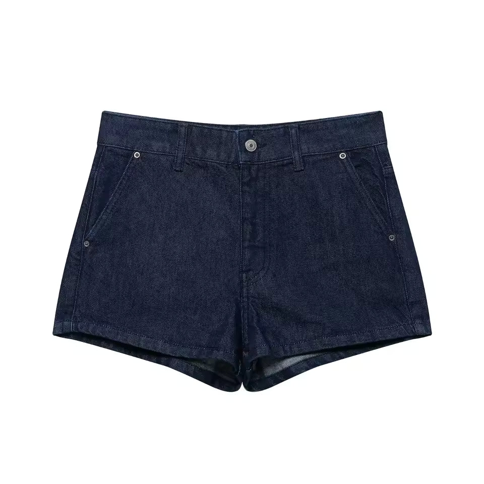 2025 Spring New Product Women's Pocket Decoration Round Neck Long Sleeve Cowboy Coat Mid Waist Minimally Short Shorts